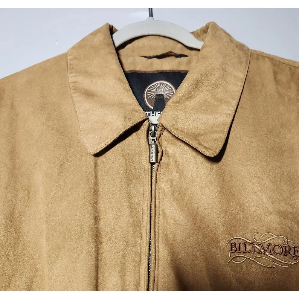 Weatherproof Tan Beige Faux Suede Biltmore Embroidered Bomber Jacket Men's XXL